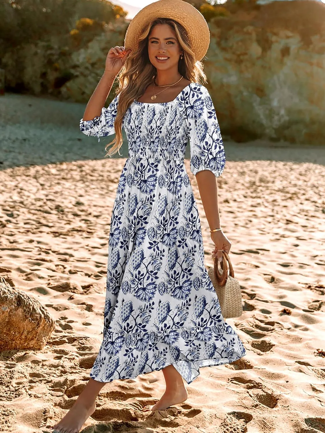 Women Boho Maxi Dresses Summer 2025 Puff Sleeve Square Neck Smocked Aline Casual Ruffle Tiered Flowy Beach Long Dress Pocket