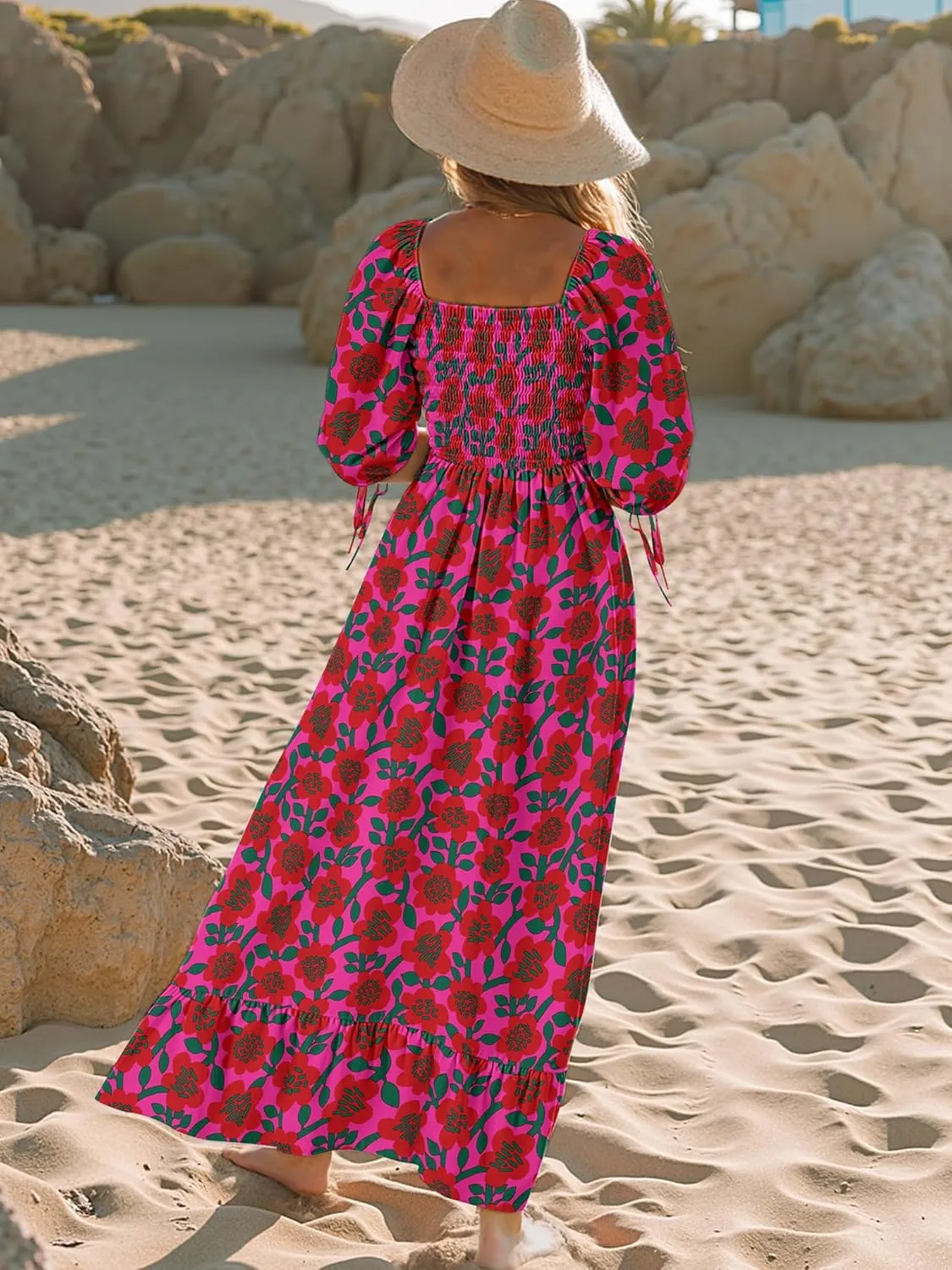 Women Boho Maxi Dresses Summer 2025 Puff Sleeve Square Neck Smocked Aline Casual Ruffle Tiered Flowy Beach Long Dress Pocket