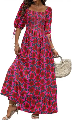 Women Boho Maxi Dresses Summer 2025 Puff Sleeve Square Neck Smocked Aline Casual Ruffle Tiered Flowy Beach Long Dress Pocket