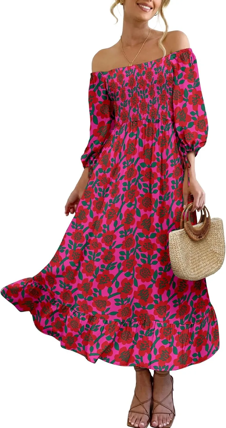 Women Boho Maxi Dresses Summer 2025 Puff Sleeve Square Neck Smocked Aline Casual Ruffle Tiered Flowy Beach Long Dress Pocket