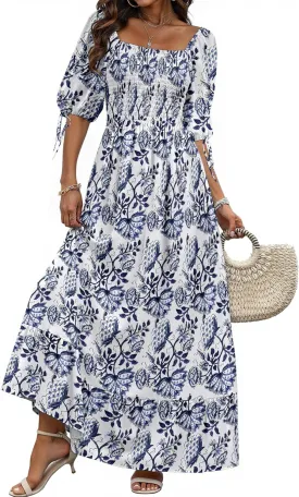 Women Boho Maxi Dresses Summer 2025 Puff Sleeve Square Neck Smocked Aline Casual Ruffle Tiered Flowy Beach Long Dress Pocket