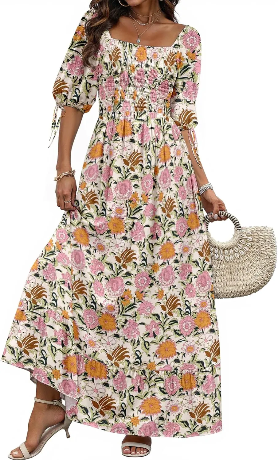 Women Boho Maxi Dresses Summer 2025 Puff Sleeve Square Neck Smocked Aline Casual Ruffle Tiered Flowy Beach Long Dress Pocket