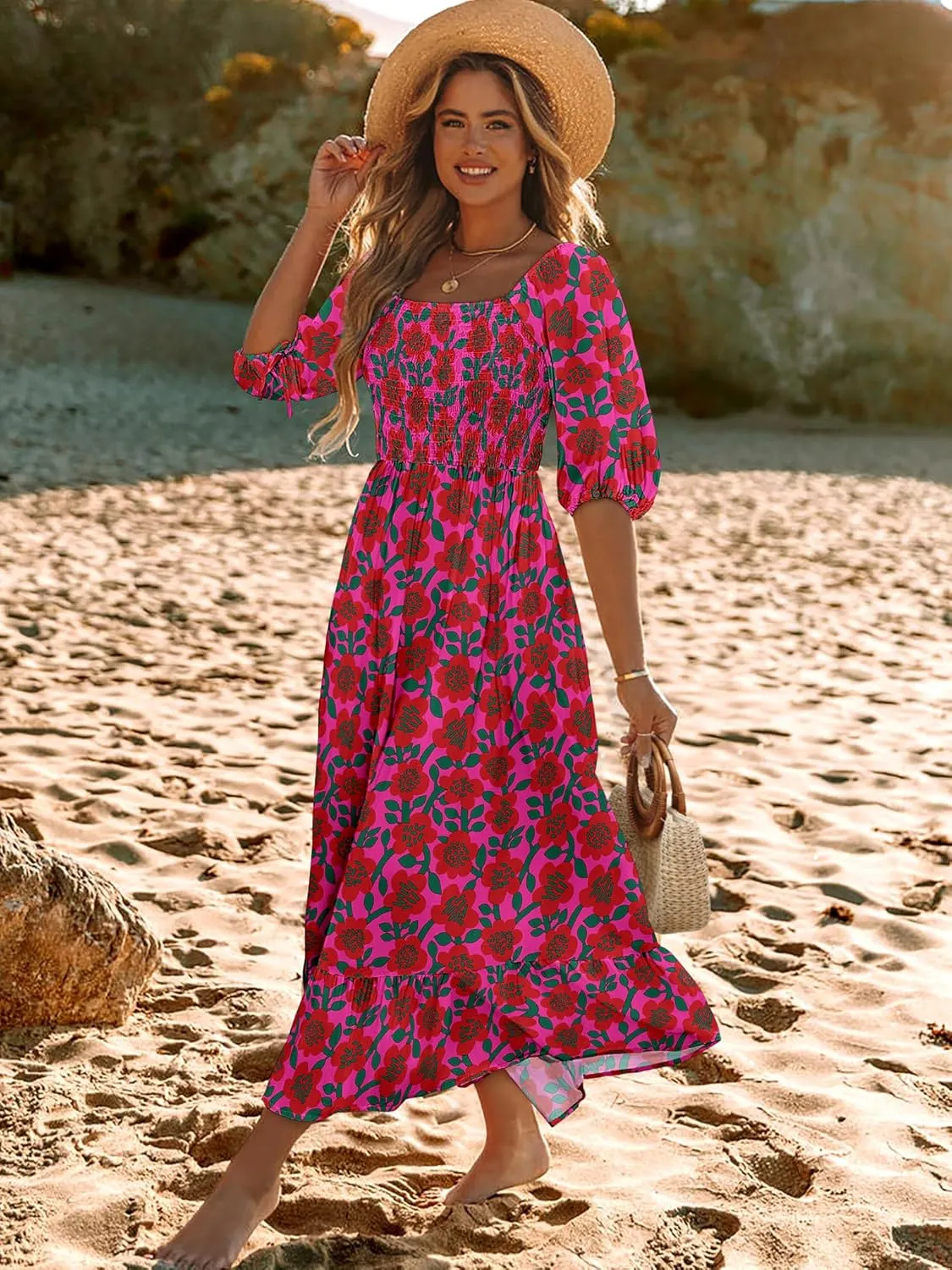 Women Boho Maxi Dresses Summer 2025 Puff Sleeve Square Neck Smocked Aline Casual Ruffle Tiered Flowy Beach Long Dress Pocket