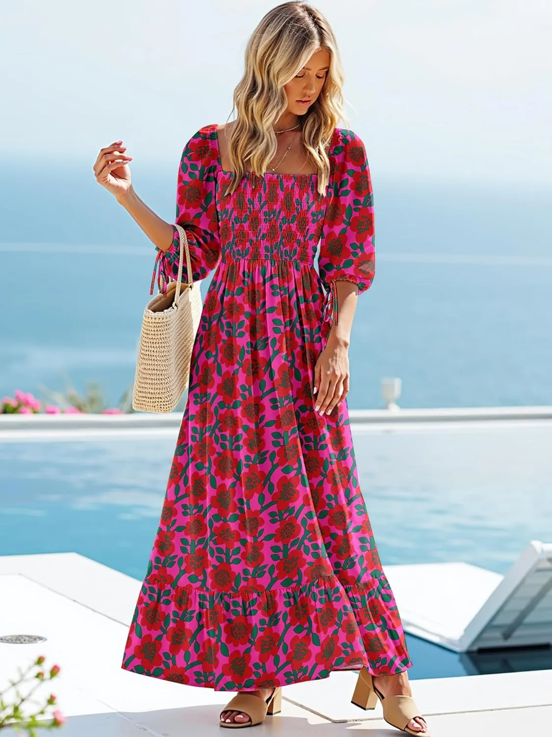 Women Boho Maxi Dresses Summer 2025 Puff Sleeve Square Neck Smocked Aline Casual Ruffle Tiered Flowy Beach Long Dress Pocket
