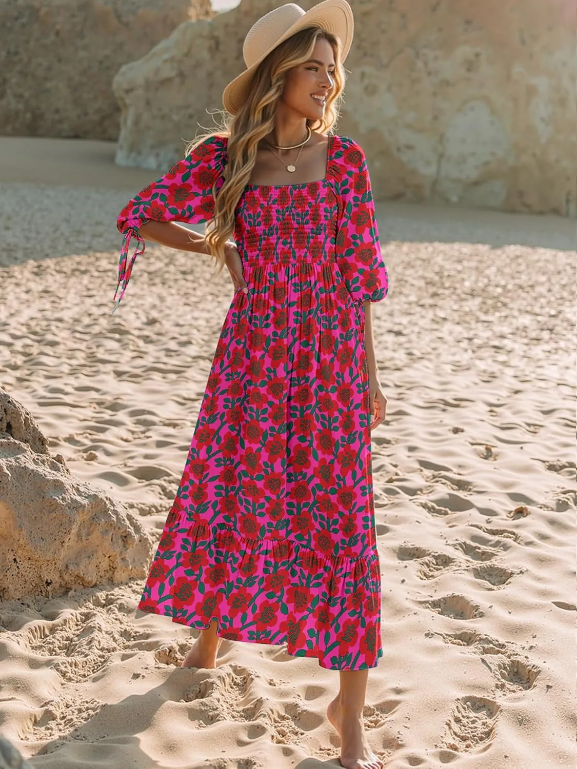 Women Boho Maxi Dresses Summer 2025 Puff Sleeve Square Neck Smocked Aline Casual Ruffle Tiered Flowy Beach Long Dress Pocket