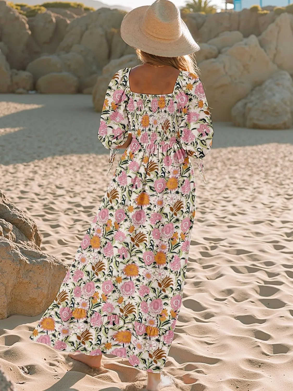 Women Boho Maxi Dresses Summer 2025 Puff Sleeve Square Neck Smocked Aline Casual Ruffle Tiered Flowy Beach Long Dress Pocket