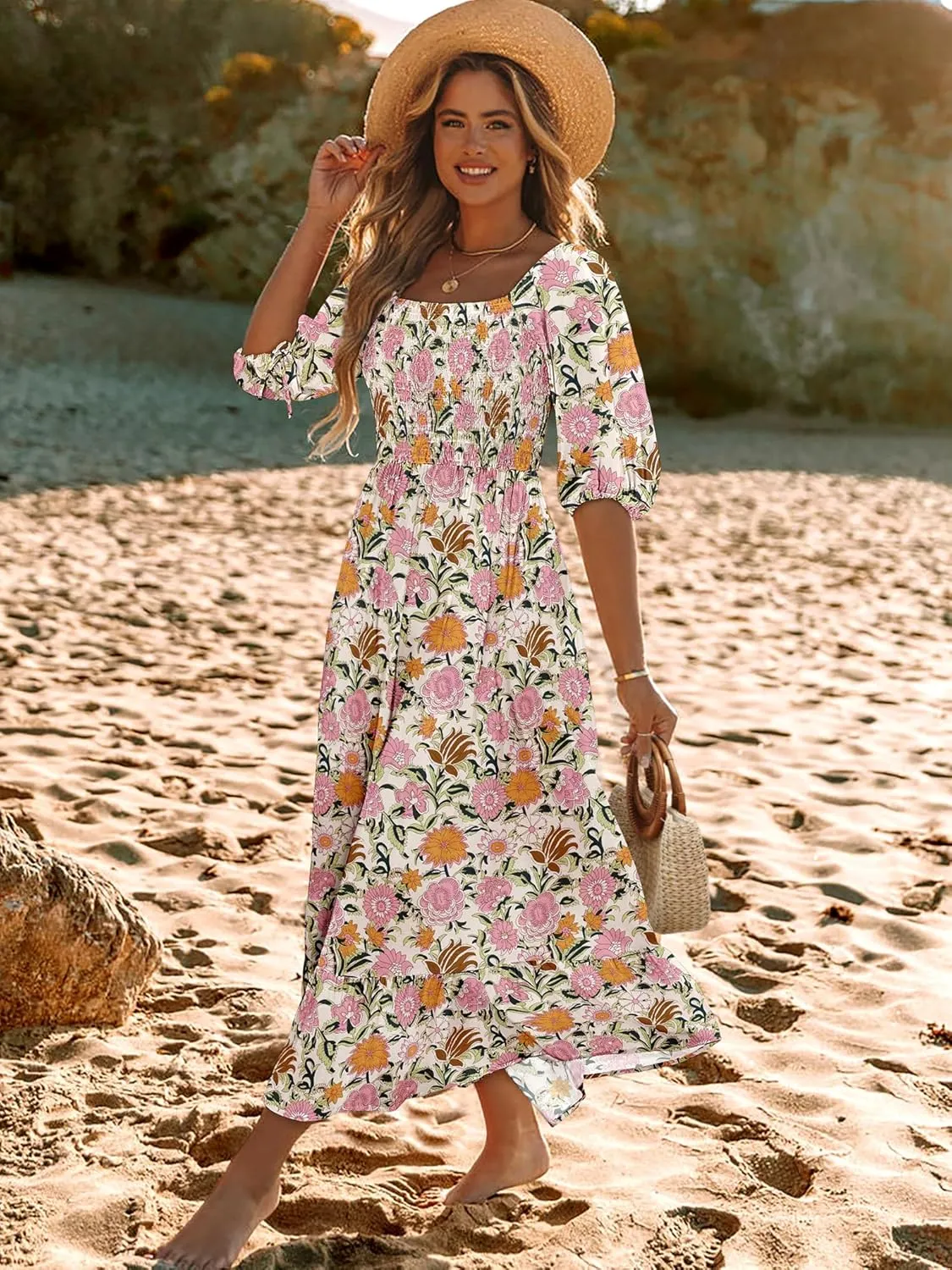 Women Boho Maxi Dresses Summer 2025 Puff Sleeve Square Neck Smocked Aline Casual Ruffle Tiered Flowy Beach Long Dress Pocket