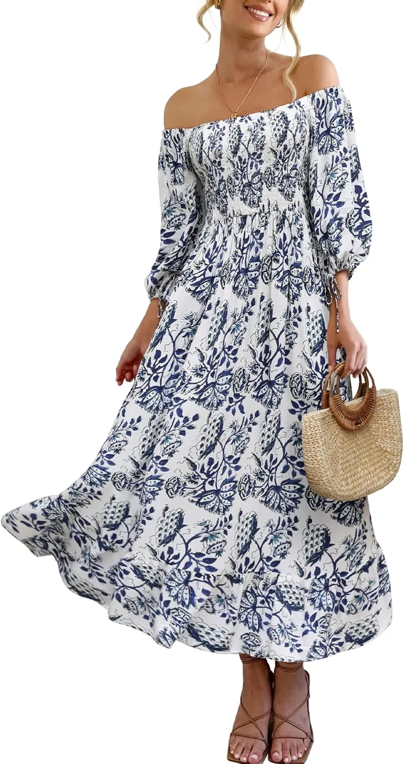 Women Boho Maxi Dresses Summer 2025 Puff Sleeve Square Neck Smocked Aline Casual Ruffle Tiered Flowy Beach Long Dress Pocket