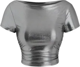 Women's Metallic T-Shirt Short Sleeve Round Neck Tee Ruched Crop Tops Y2k Fitted Shirts