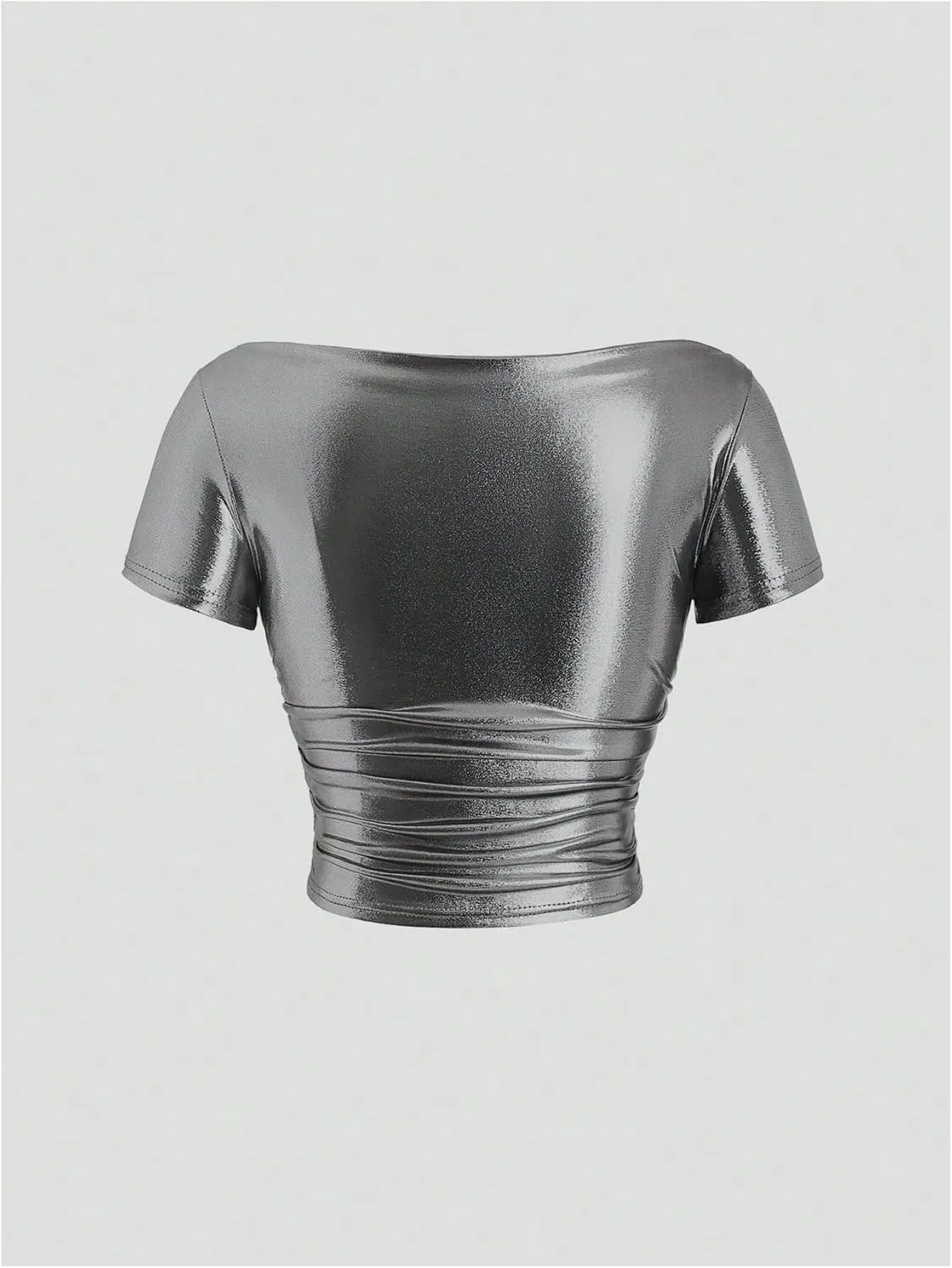 Women's Metallic T-Shirt Short Sleeve Round Neck Tee Ruched Crop Tops Y2k Fitted Shirts