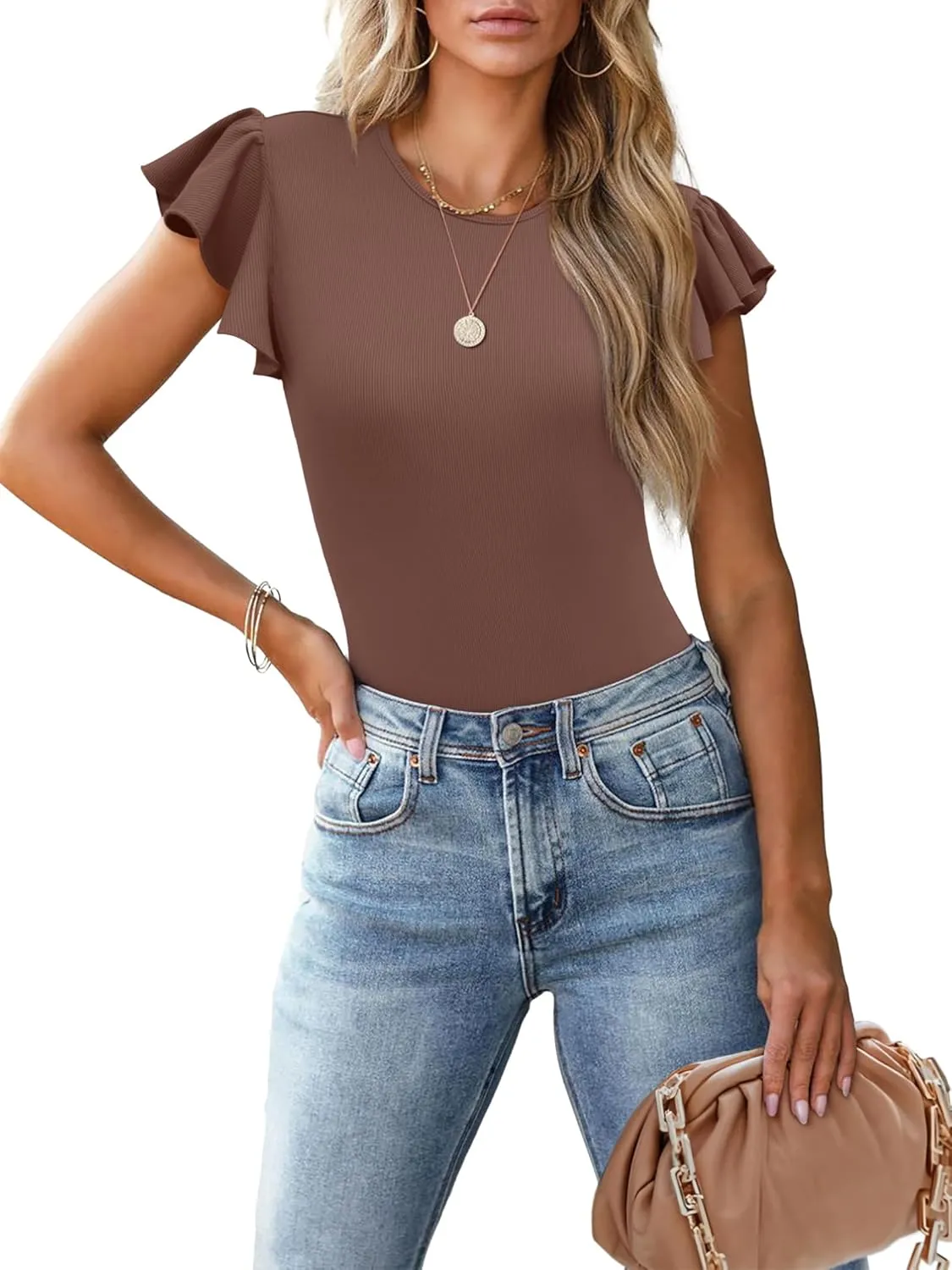 Women's Ruffle Short Sleeve Summer Tops Casual Slim Fit Ribbed Knit Tank Blouses 2025 Trendy Going Out T Shirts