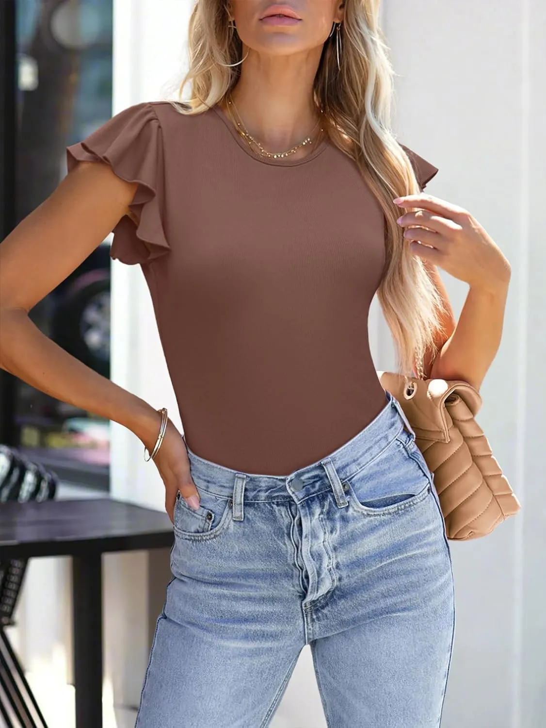 Women's Ruffle Short Sleeve Summer Tops Casual Slim Fit Ribbed Knit Tank Blouses 2025 Trendy Going Out T Shirts