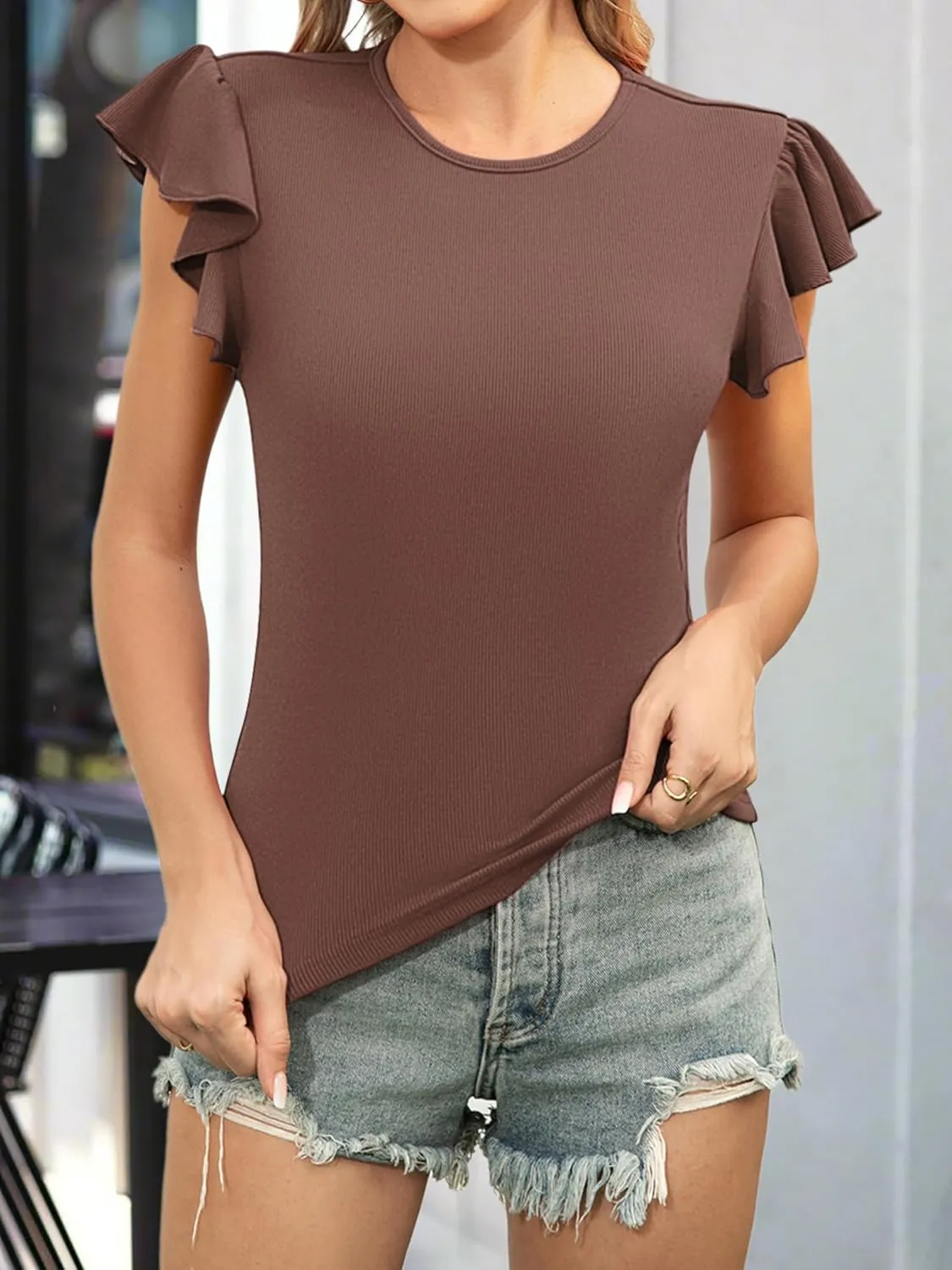 Women's Ruffle Short Sleeve Summer Tops Casual Slim Fit Ribbed Knit Tank Blouses 2025 Trendy Going Out T Shirts