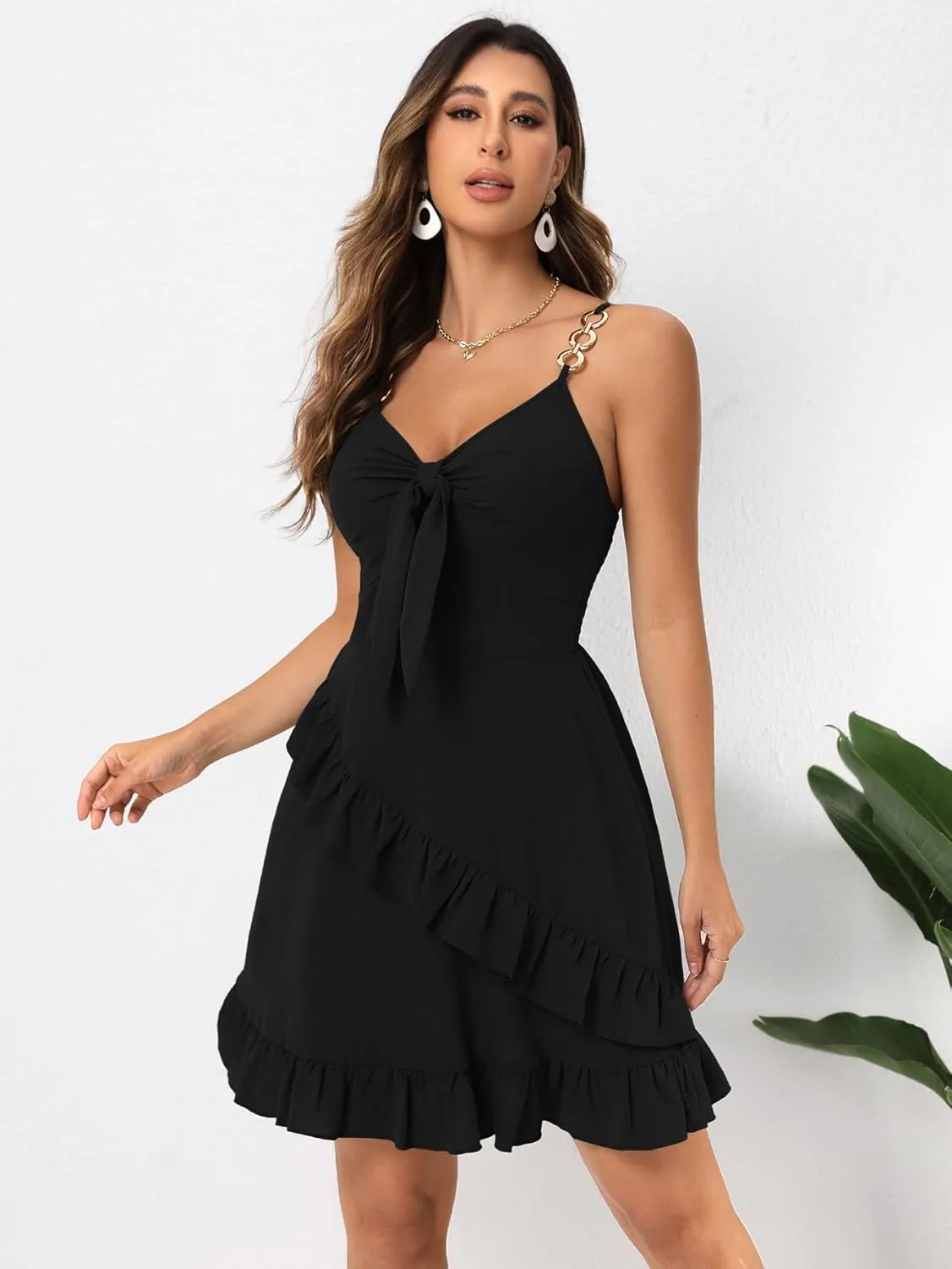 Womens Short Summer Dresses Sleeveless Deep V Neck Boho A Line Mini Dress Tie Front Ruffle Hem Trendy Dresses