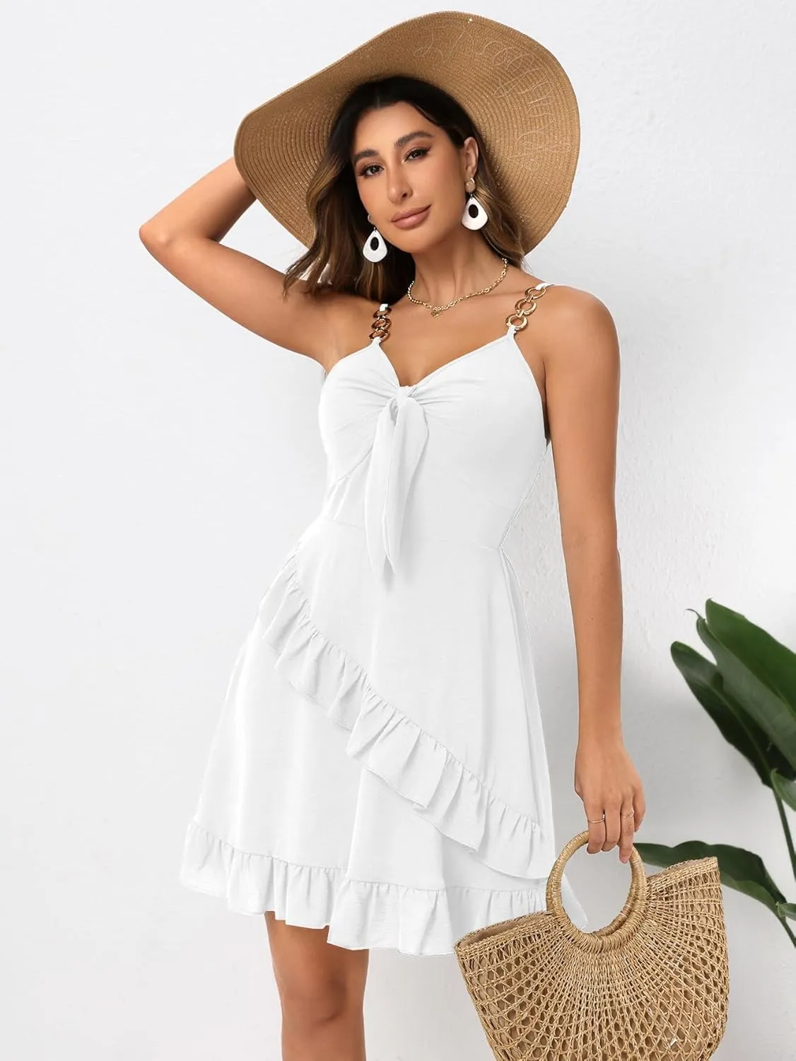 Womens Short Summer Dresses Sleeveless Deep V Neck Boho A Line Mini Dress Tie Front Ruffle Hem Trendy Dresses
