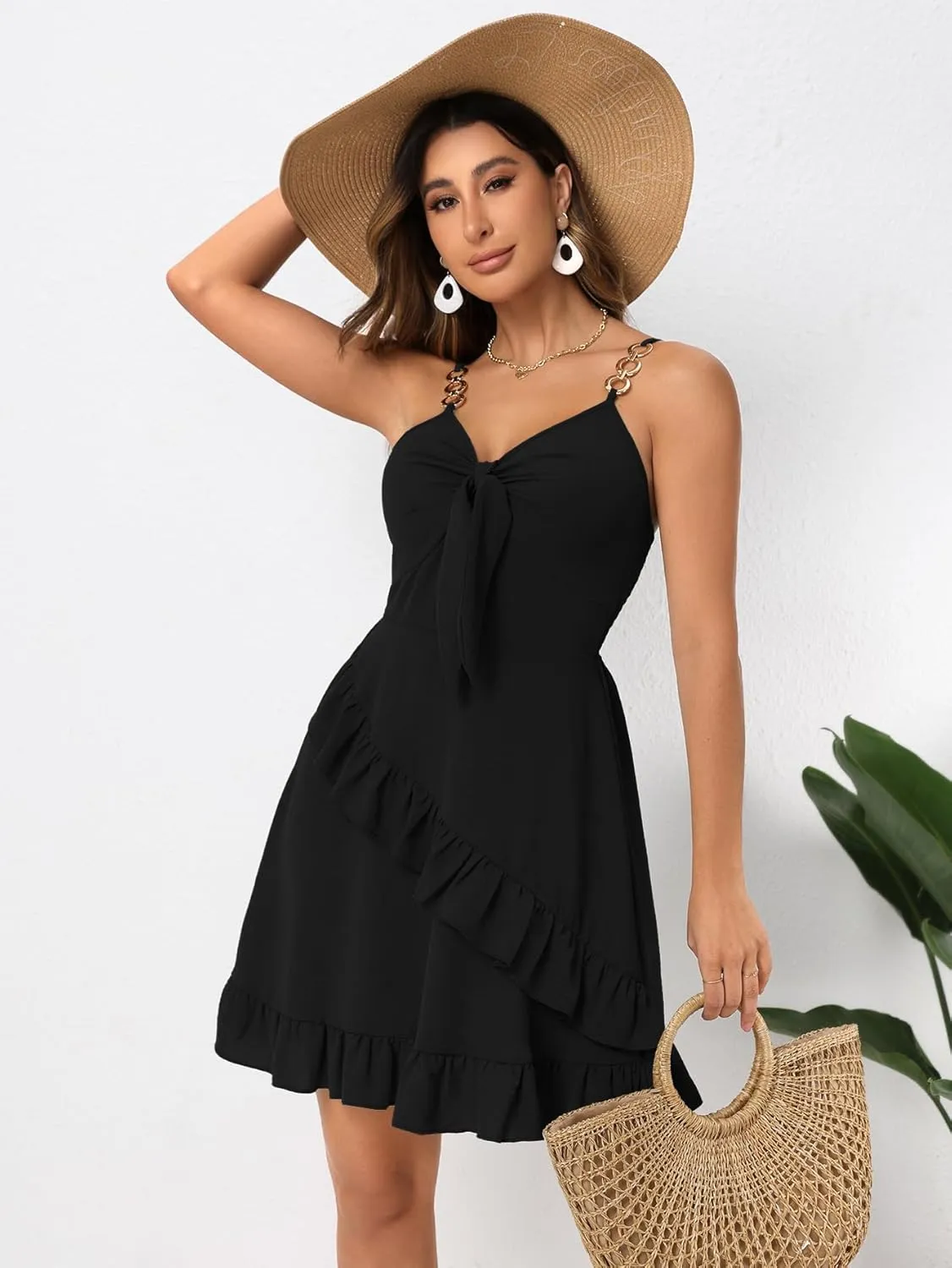Womens Short Summer Dresses Sleeveless Deep V Neck Boho A Line Mini Dress Tie Front Ruffle Hem Trendy Dresses