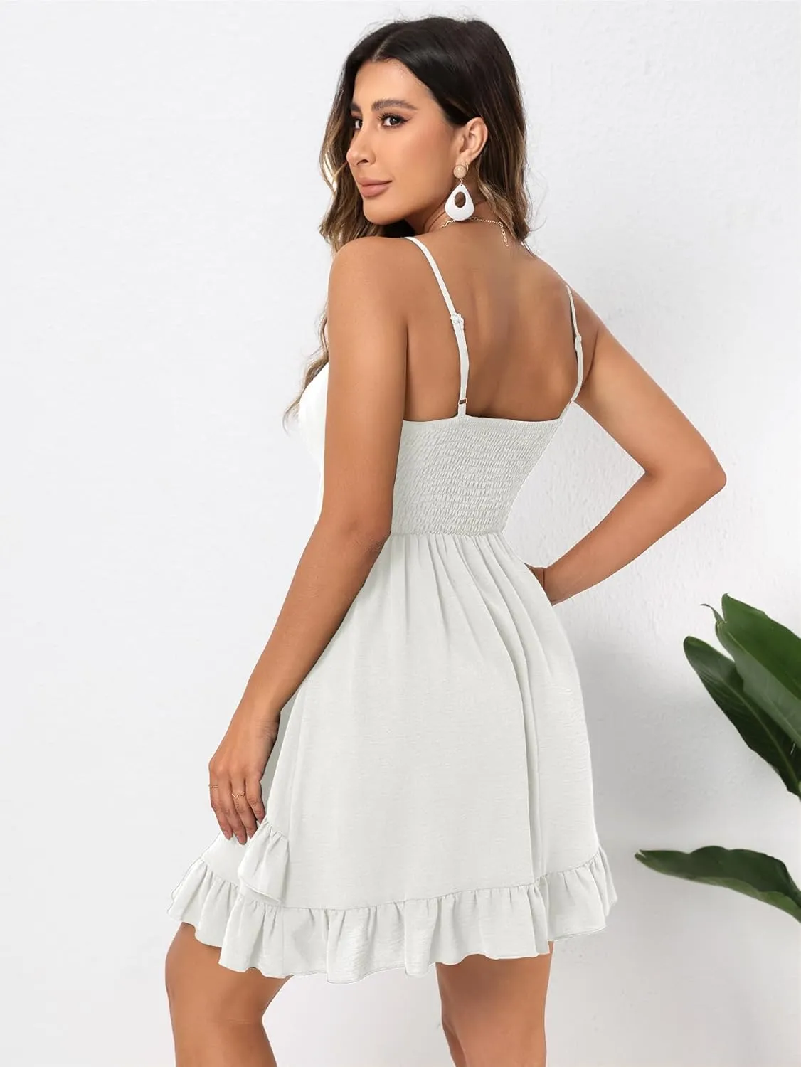 Womens Short Summer Dresses Sleeveless Deep V Neck Boho A Line Mini Dress Tie Front Ruffle Hem Trendy Dresses
