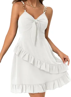 Womens Short Summer Dresses Sleeveless Deep V Neck Boho A Line Mini Dress Tie Front Ruffle Hem Trendy Dresses