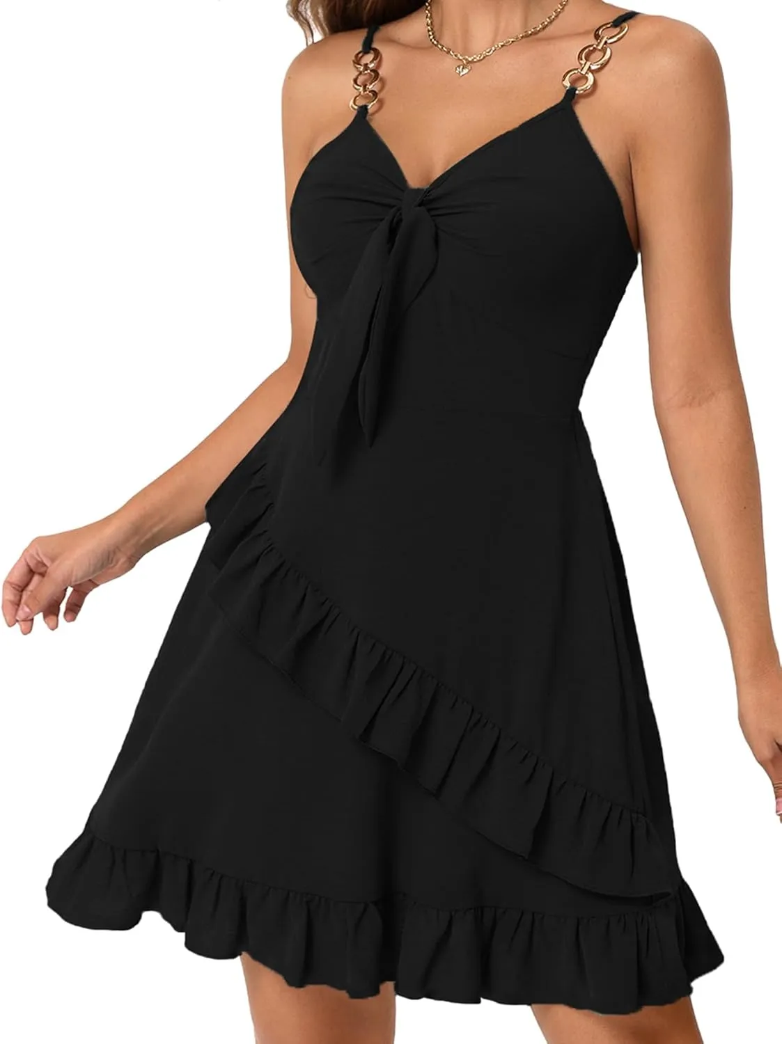 Womens Short Summer Dresses Sleeveless Deep V Neck Boho A Line Mini Dress Tie Front Ruffle Hem Trendy Dresses