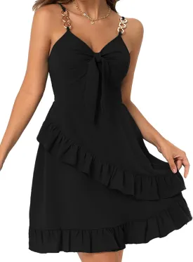 Womens Short Summer Dresses Sleeveless Deep V Neck Boho A Line Mini Dress Tie Front Ruffle Hem Trendy Dresses