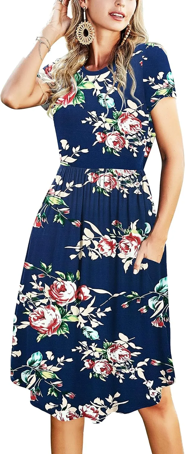 Womens Summer Pocket Knee Length Teacher Casual Dress Spring Modest Knit Fit Flare Short Sleeve Midi Work Travel Outfits