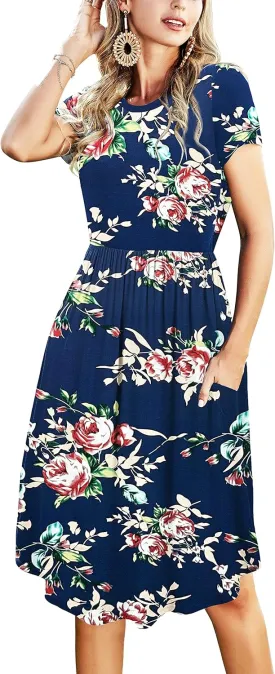 Womens Summer Pocket Knee Length Teacher Casual Dress Spring Modest Knit Fit Flare Short Sleeve Midi Work Travel Outfits