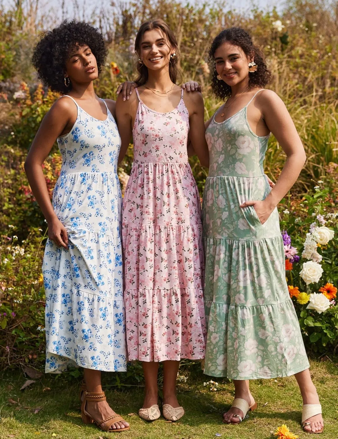 Zeagoo Womens Summer Long Dress Adjustable Spaghetti Strap Floral Casual Dress with Pockets Flowy Tiered Beach Sundress