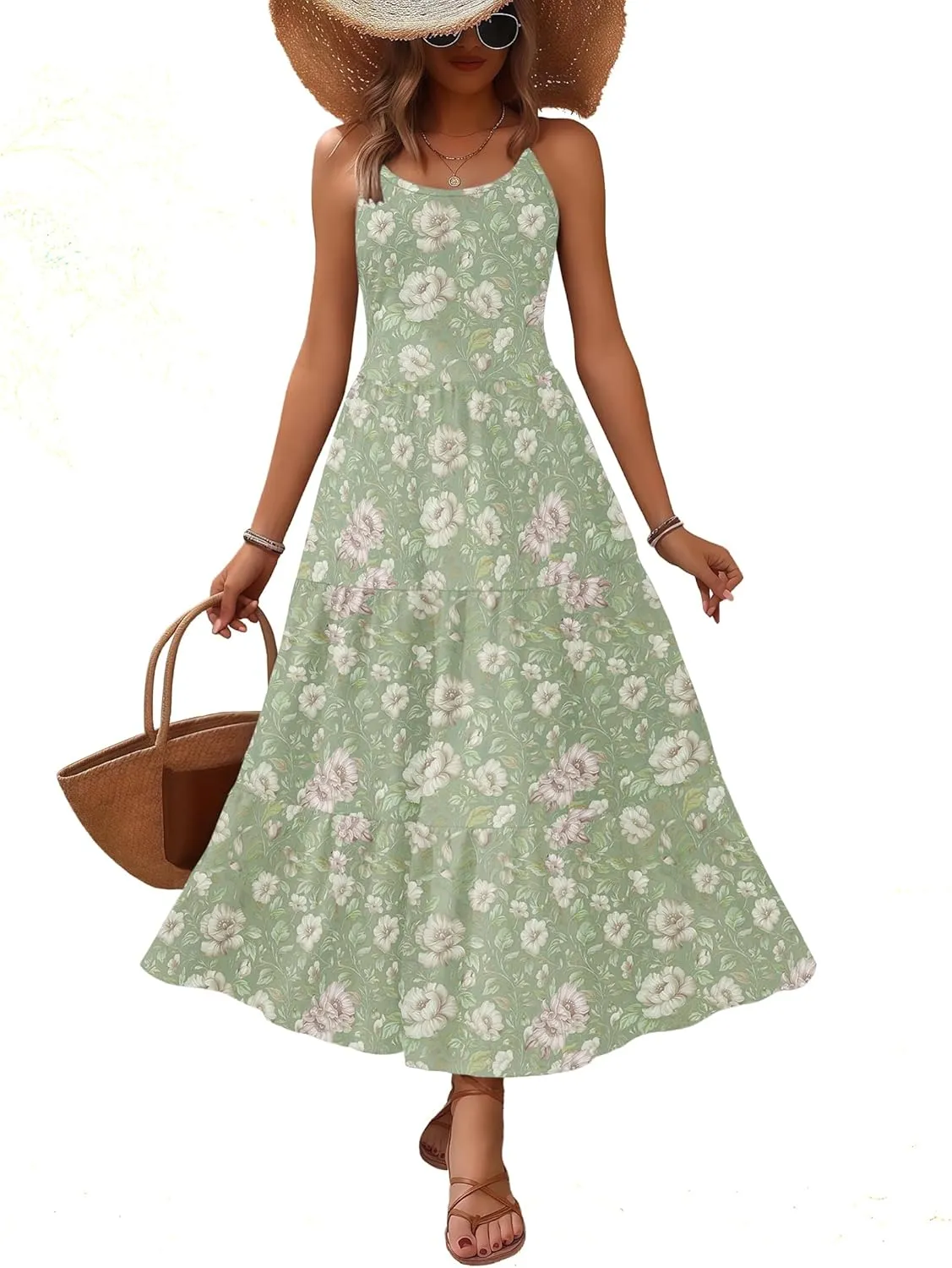 Zeagoo Womens Summer Long Dress Adjustable Spaghetti Strap Floral Casual Dress with Pockets Flowy Tiered Beach Sundress